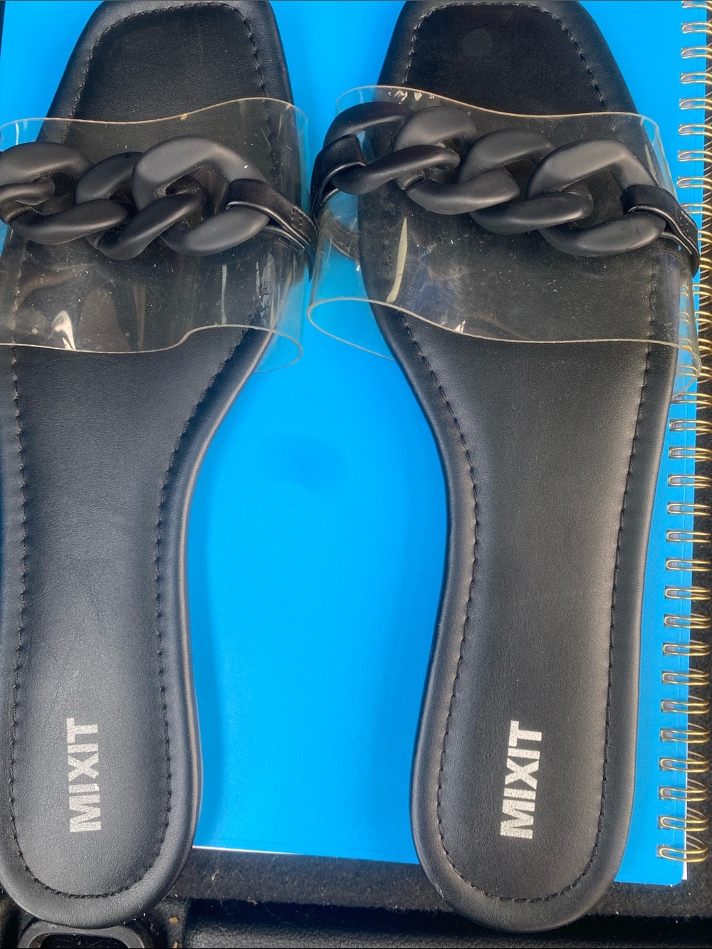 MIXT Black Slide Sandals with Clear Strap & Chain Detail